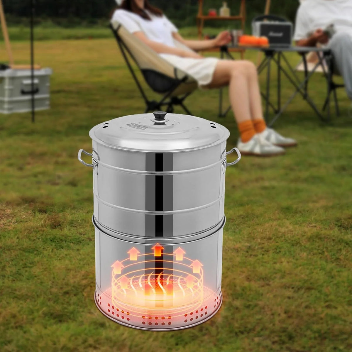 Duże przenośne grille węglowe, grill węglowy ze stali nierdzewnej w kształcie beczki, 360° bezdymny grill zewnętrzny z 50 szpikulcami, wędzarnia do grillowania, gotowania na świeżym powietrzu i podróży