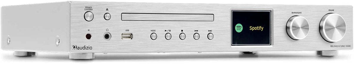 Audizio Bolzano - Radio internetowa DAB+ i FM WLAN Bluetooth, odtwarzacz CD, Spotify Connect, budzik, 40 000 stacji, pilot i sterowanie za pomocą aplikacji, złącze Toslink i subwoofer, srebrna