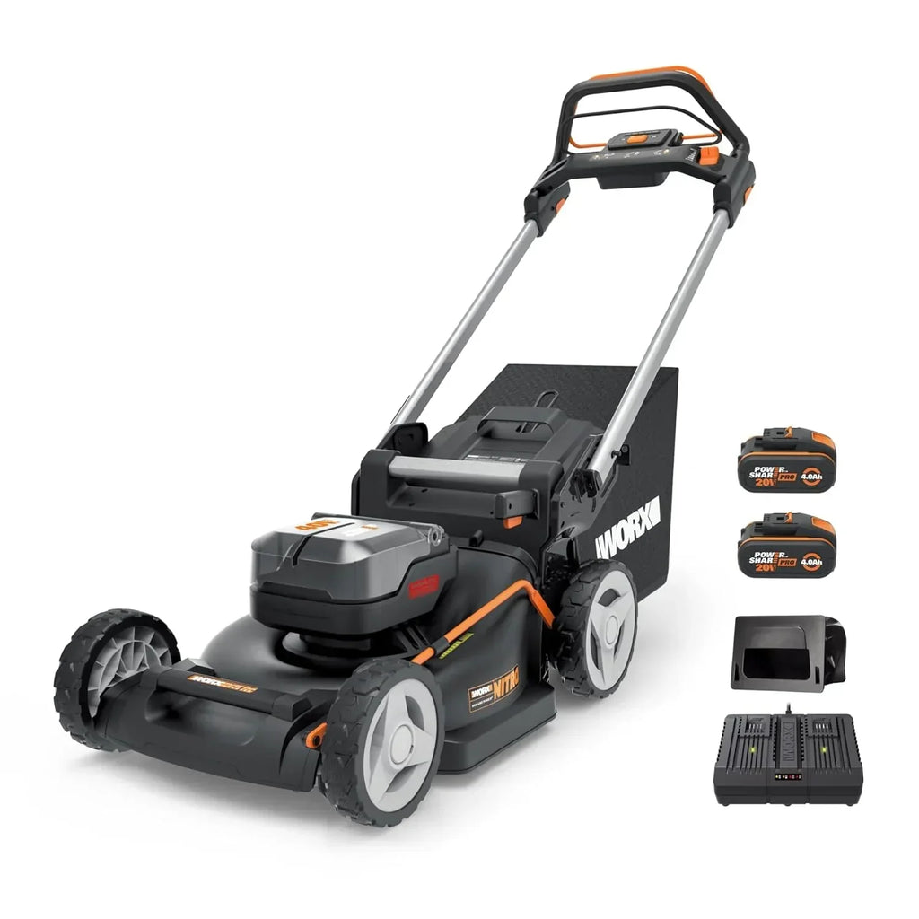 Kosiarka WORX WG737E Nitro z akumulatorem 40 V (2 x 20 V), mocny silnik bezszczotkowy, szerokość koszenia 37 cm, 6-stopniowa regulacja wysokości koszenia (20–70 mm), kosz na trawę 40 l