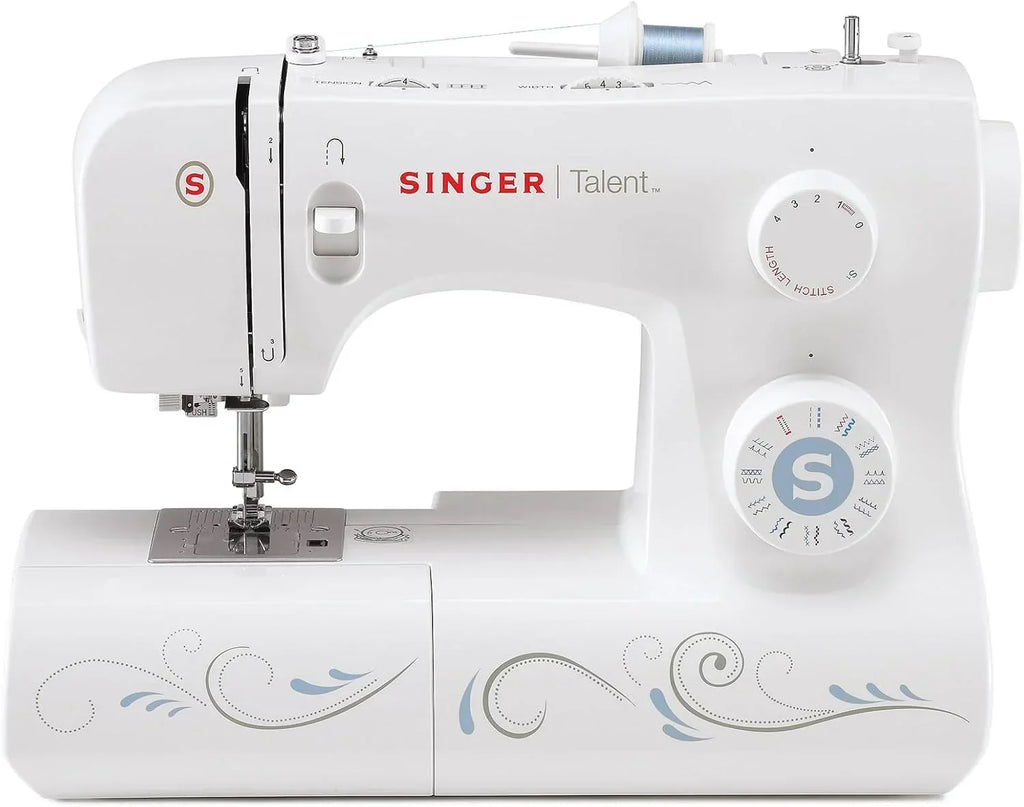 Maszyna do szycia Singer Talent 3323-30 mechaniczna, ściegi użytkowe, jednostopniowe, w pełni automatyczne obszywanie dziurek, zygzak do 6 mm, automatyczne nawlekanie nici, profesjonalna maszyna do szycia, biała