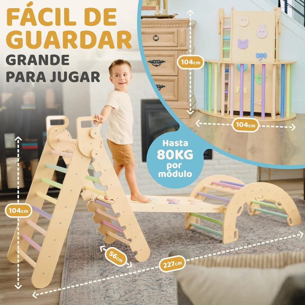 Duży trójkąt Pikler Montessori 9w1 dla dzieci od 1 do 7+ lat, 5 regulowanych kątów, drewniany plac zabaw do wspinaczki wewnątrz i na zewnątrz, z łukiem Pikler i rampą Pikler