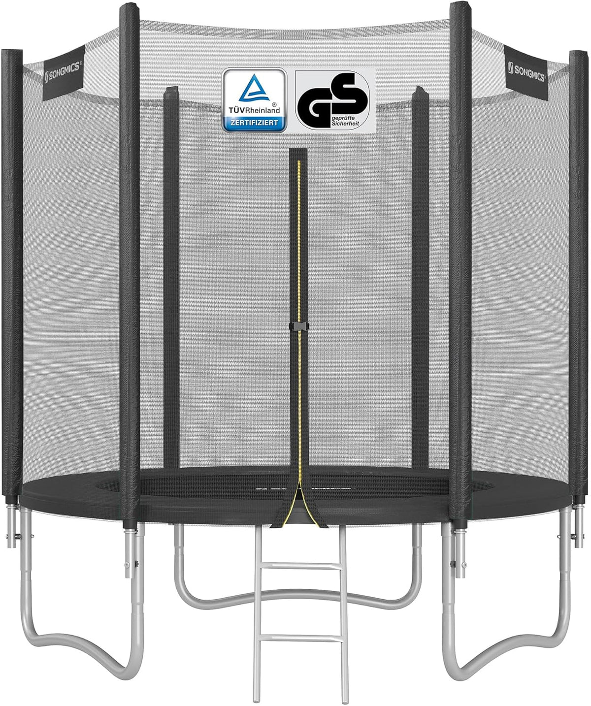 SONGMICS – Trampolina Ogrodowa dla Dzieci, Średnica 183/244/305/366/427 cm, Zewnętrzna Siatka Zabezpieczająca, Poduszki Ochronne, Drabinka, Prosty Słup o Wysokości 180 cm, Stalowa Rama