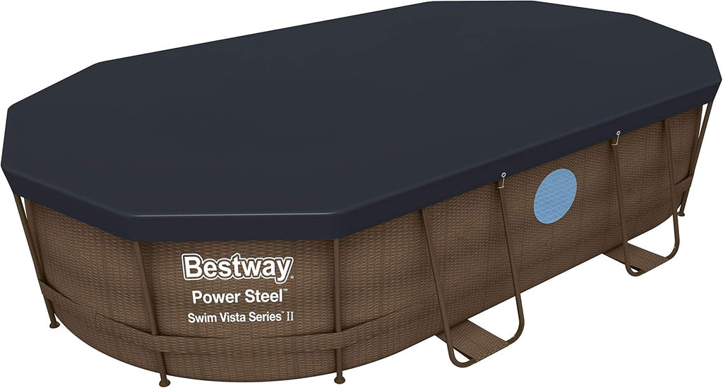 BESTWAY - Basen Stelażowy Owalny Power Steel 427x250x100 cm Pompa Kartuszowa 2006 l/h Drabinka i Pokrywa Rattan Design