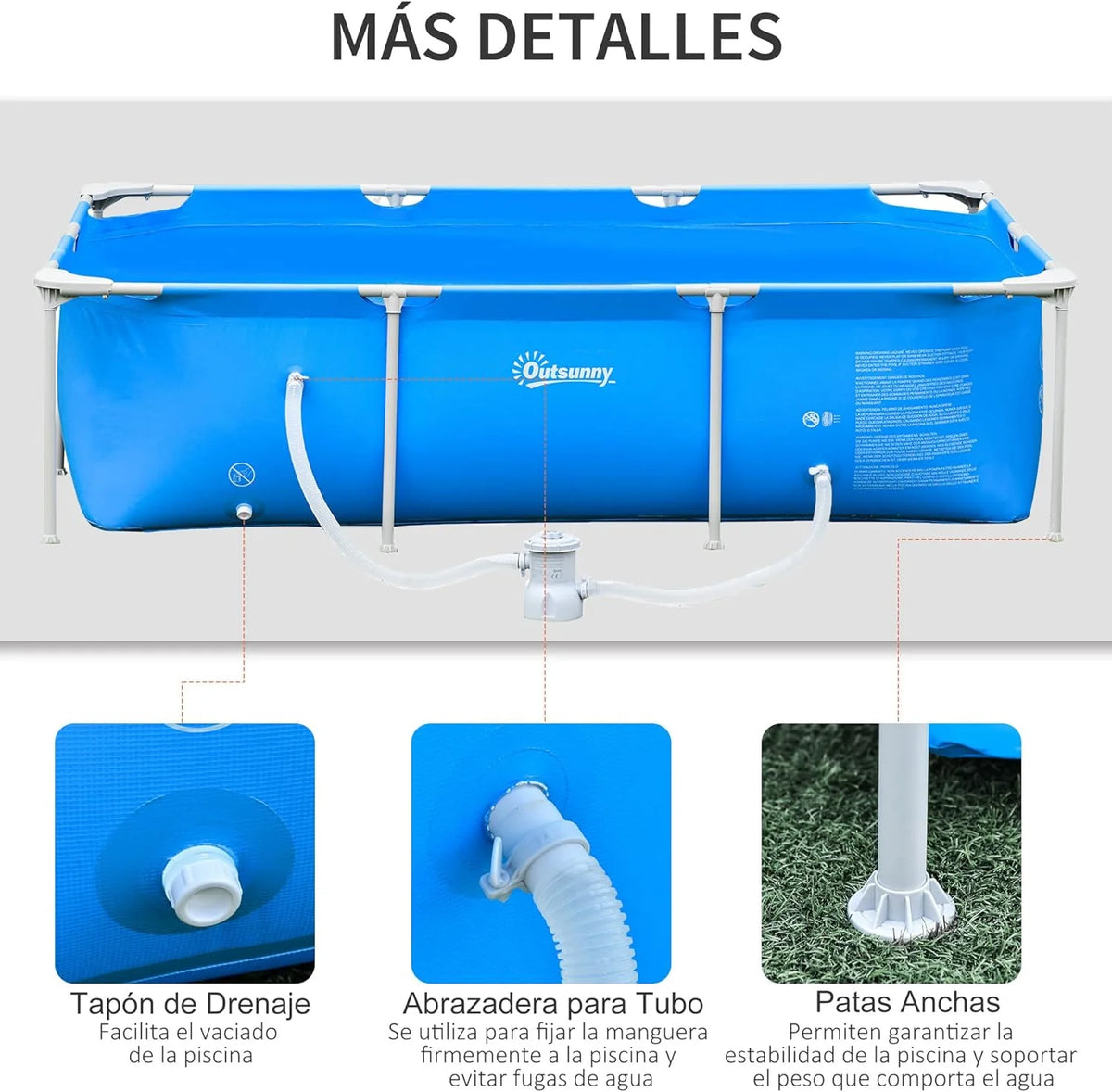 Outsunny Basen Rozporowy 252x152x65 cm z Pompą Filtrującą 1200L/H Prostokątny Basen Ogrodowy dla Dorosłych i Dzieci 2163L Niebieski