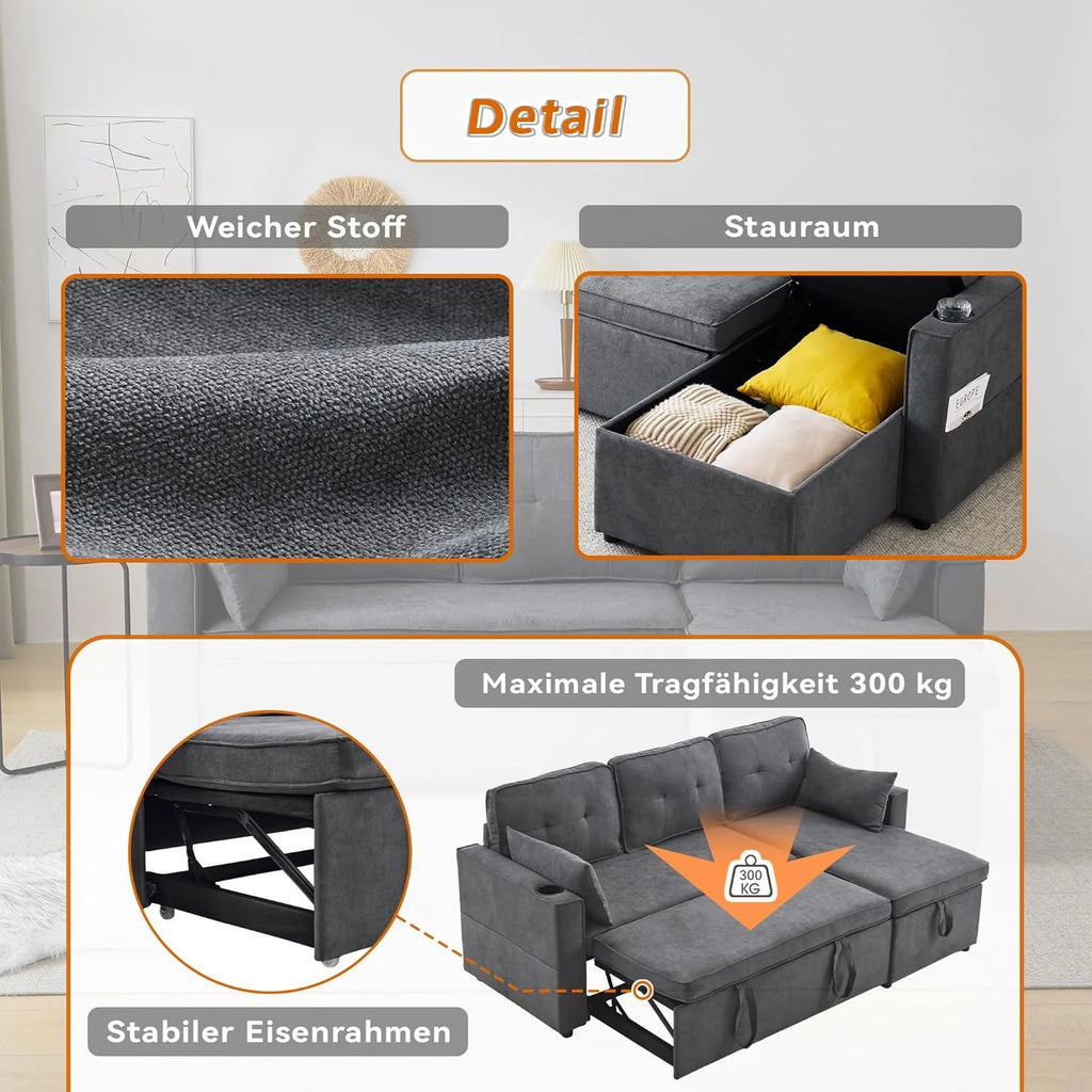 Trzyosobowa rozkładana sofa z uchwytami na kubki i boczną torbą na poręcz, sofa w kształcie litery L, z możliwością zmiany układu na prawą i lewą stronę, kolor szary