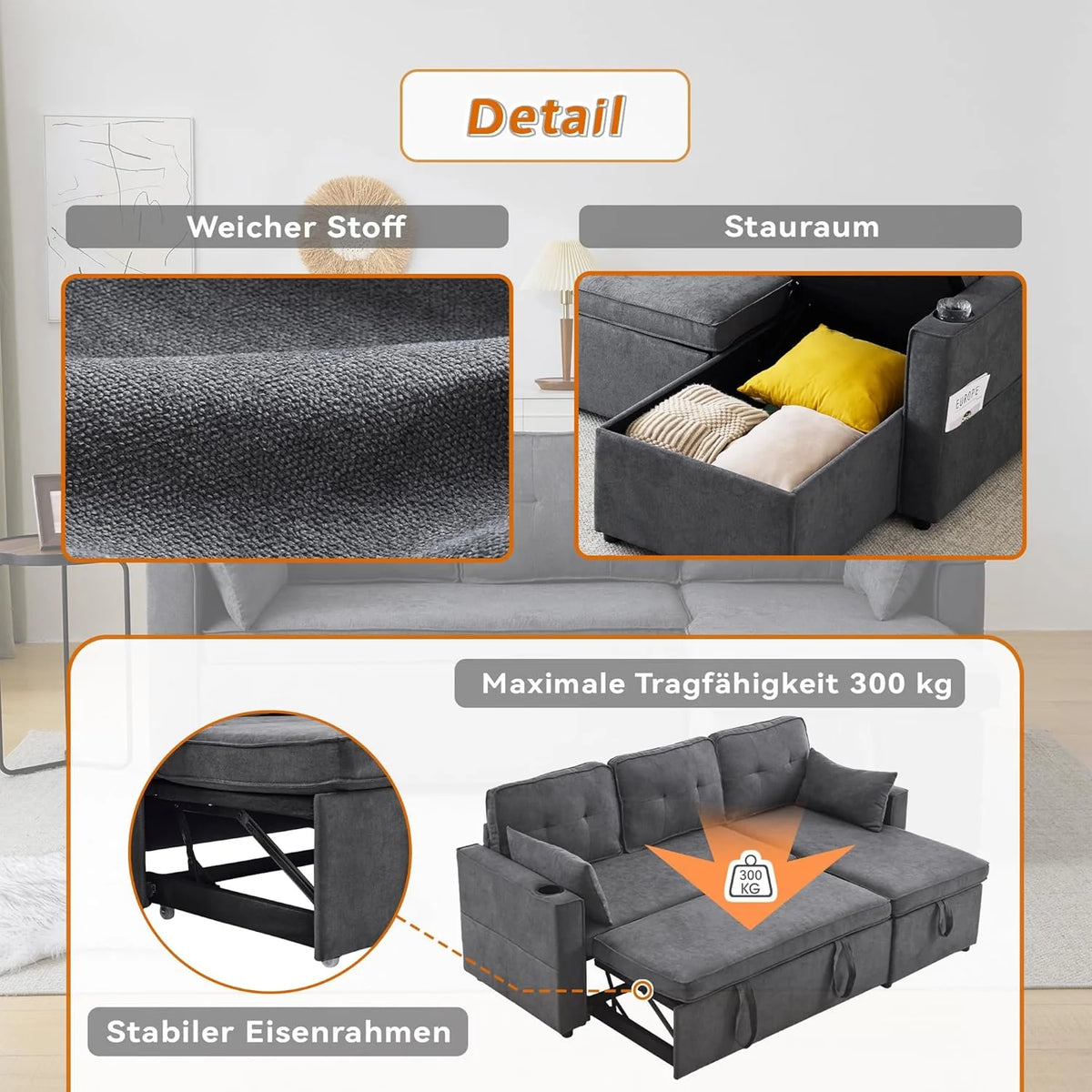 Trzyosobowa rozkładana sofa z uchwytami na kubki i boczną torbą na poręcz, sofa w kształcie litery L, z możliwością zmiany układu na prawą i lewą stronę, kolor szary