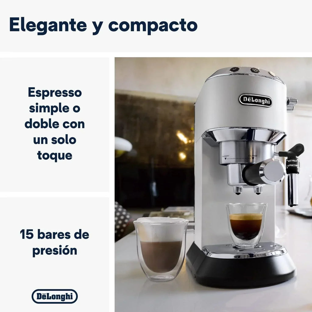 De'Longhi Dedica – Ekspres Kolbowy do Kawy Mielonej lub w Saszetkach, Espresso i Cappuccino, Zbiornik 1.3 Litra, System Anti-Drip, Model EC685.M, Kolor Metaliczny