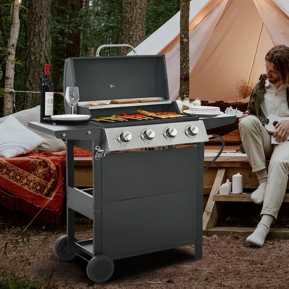 2026 Grill gazowy SEGMART 4-palnikowy ze stali nierdzewnej – 34 200 BTU, grill do ogrodu/na patio z dwoma składanymi półkami i termometrem, idealny na kemping i do gotowania na świeżym powietrzu