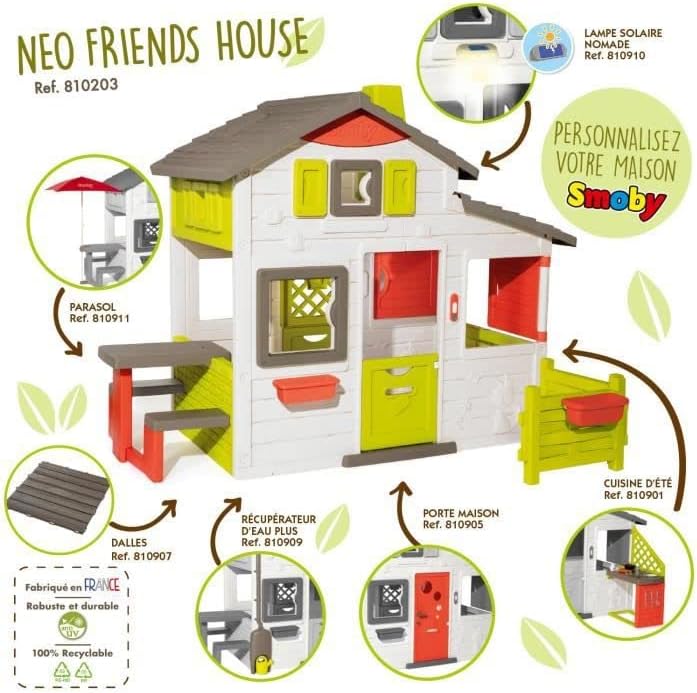 Smoby Life - Domek Ogrodowy Friends House EVO z 2 Drzwiami, 6 Oknami i Wyjmowanym Stołem Piknikowym – Wykonany z Materiałów Recyklingowych, Ochrona UV, dla Dzieci od 3 Lat (7600810208)
