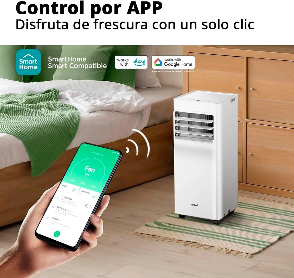 COMFEE Pingüino Przenośny Klimatyzator 9000 BTU/2300 Frigorii Breezy Cool Pro – Klimatyzator bez jednostki zewnętrznej, Niskie Zużycie Energii, Sterowanie Aplikacją i Zestaw Okienny – Chłodzi, Wentyluje i Osusza