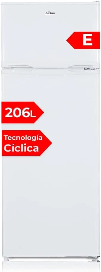 Lodówka NILSON 2 drzwiowa biała NF145500E. Pojemność 206 litrów, Drzwi odwracalne, Niski poziom hałasu, Klasa efektywności energetycznej E