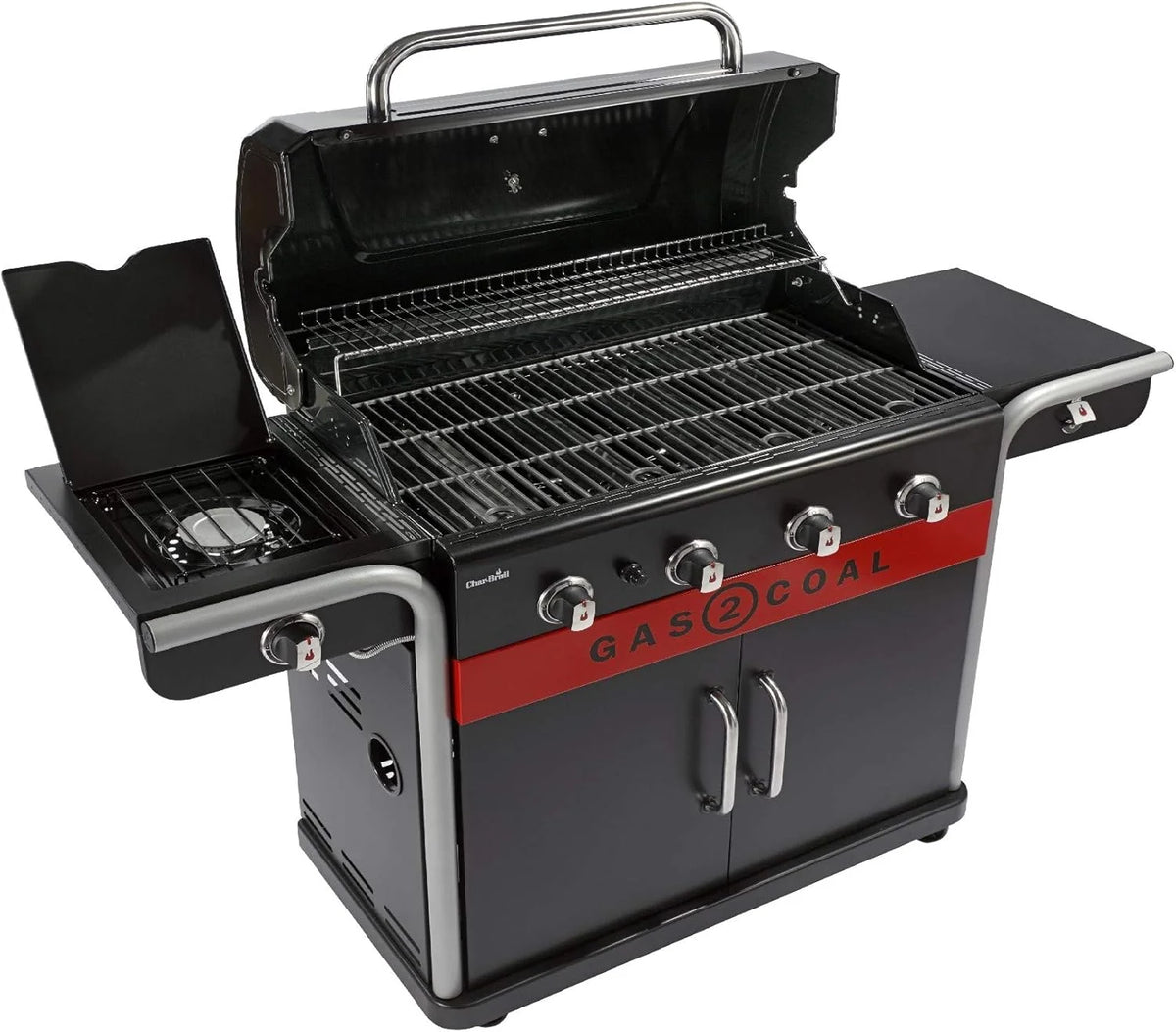 Char-Broil Grill Gazowy Gas2Coal 2.0 440 - 4-palnikowy grill hybrydowy z 2 opatentowanymi tackami na węgiel, 2 dużymi drzwiami - Idealny do gotowania na zewnątrz, do ogrodu i na patio