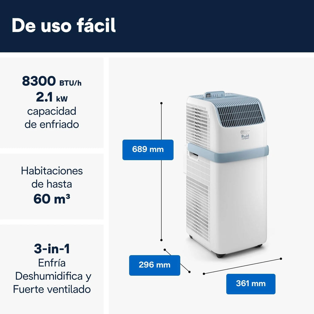 Pinguino Compact PAC ES72 YOUNG Przenośny klimatyzator 8300 BTU/h, 2,1 kW, do 60m³, funkcja osuszania i wentylacji, 24-godzinny programator czasowy