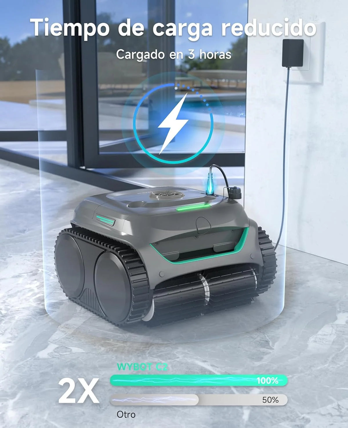 WYBOT C2 Odkurzacz Basenowy, Bezprzewodowy Robot Basenowy 150m², Podwójna Filtracja, 3 Silniki, Silne Ssanie, Czyszczenie Ścian i Linii Wody, 180 Min, Aplikacja (Szaro-Zielony)