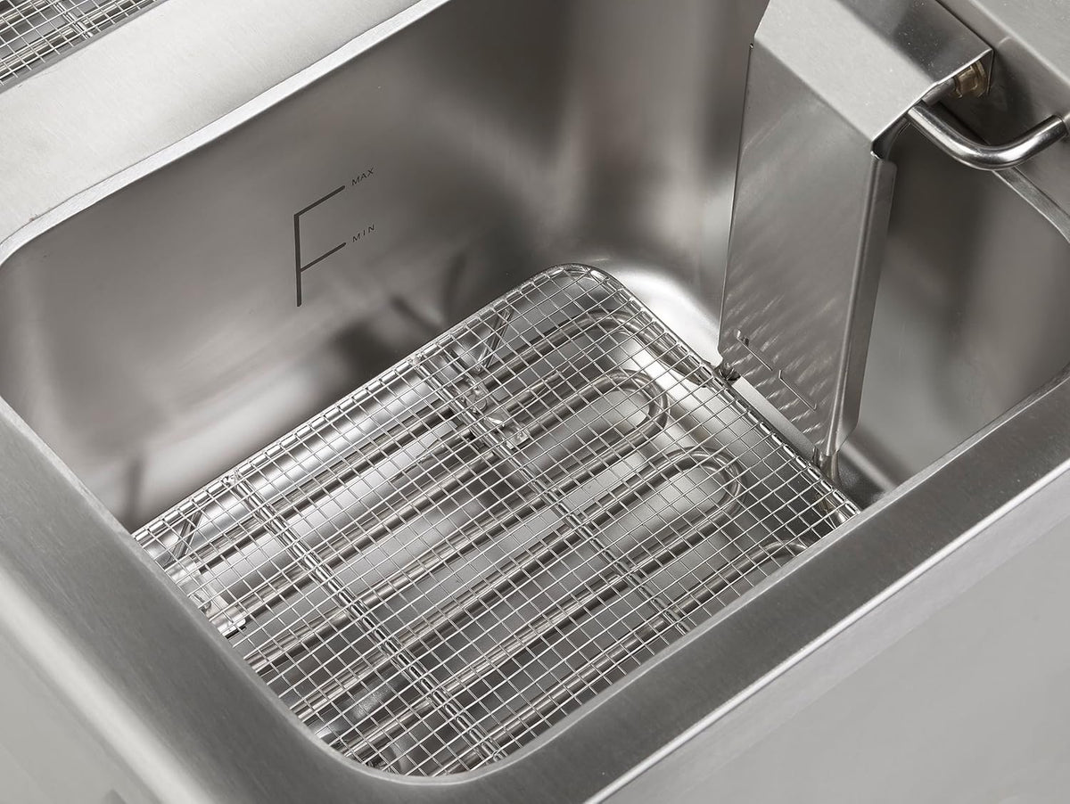 METRO Professional Frytkownica podwójna GDF5028, stal nierdzewna SS304, 2x 8 L, z kranem, regulatorem temperatury, strefą zimną, srebrna
