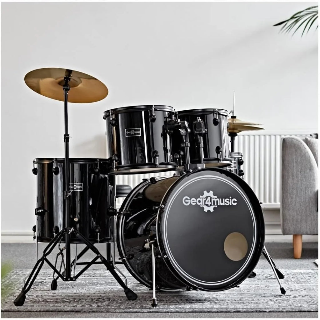 Gear4music BDK-1 Kompletny Kompaktowy Zestaw Perkusyjny dla Początkujących - 5-Częściowy Zestaw Perkusji Akustycznej, Talerze, Pedał Stopy, Stołek i Pałeczki - Czarny