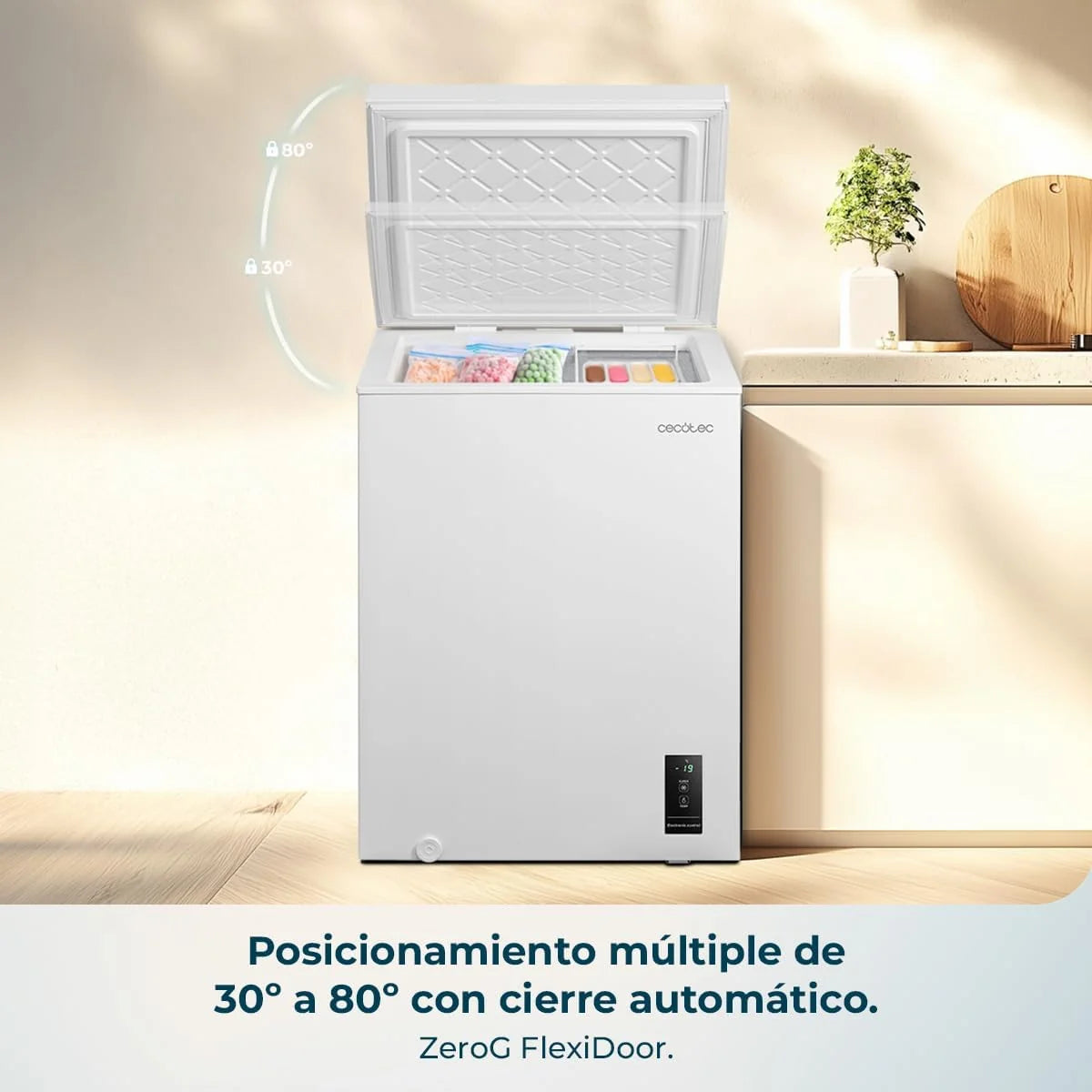Cecotec Zamrażarka skrzyniowa 143L Bolero CoolMarket Chest 143P White E. Kosz z uchwytami, Elektroniczny panel sterowania LED, UltraContact D-Cool, Funkcja Dual Function, Drzwi ZeroG (80º-30º), Szybkie zamrażanie, Kompaktowa