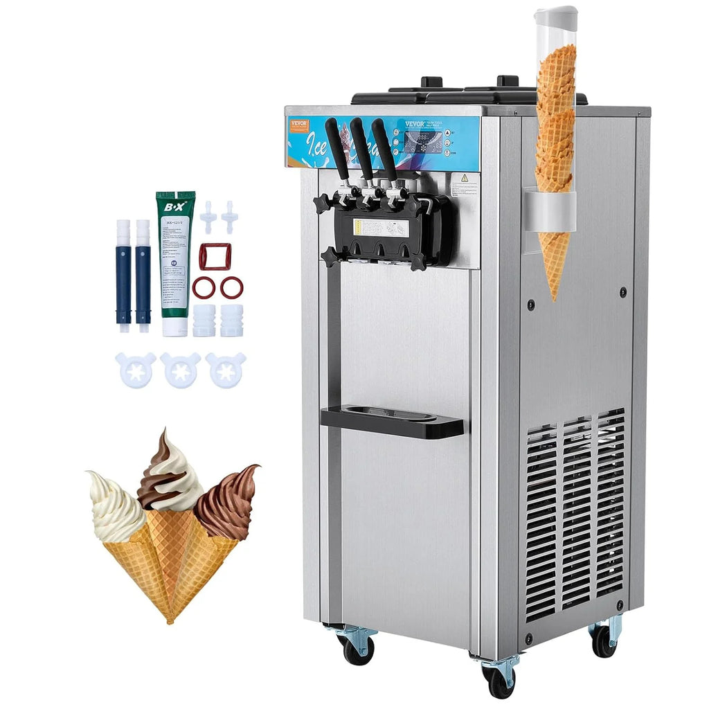 VEVOR Komercyjna Maszyna do Lodów 21-31 l/godz. 1500 W, 3 Smaki, 2 Zbiorniki 5,5 l, Wolnostojąca, Wstępne Chłodzenie, Automatyczne Czyszczenie, do Restauracji, Baru, Sklepu, Targowiska