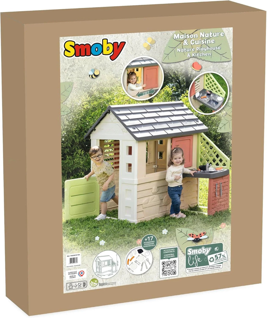 Smoby Life Casa Nature z kuchnią - Domek dla dzieci do użytku wewnątrz i na zewnątrz - Odporny na promieniowanie UV materiał z recyklingu - Od 2 lat - W zestawie kuchnia i akcesoria - (7600810739)