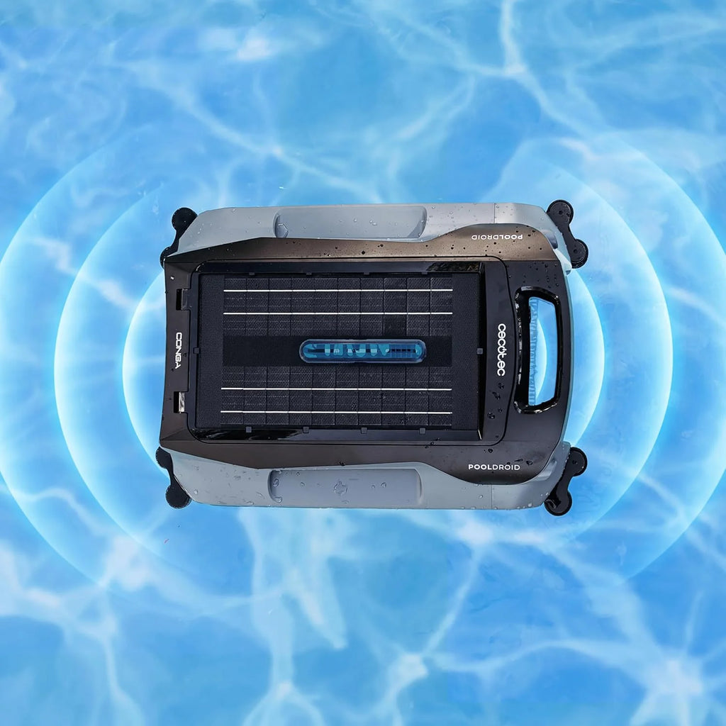 Robot basenowy Cecotec do powierzchni i linii wodnej Conga Pooldroid AquaSkater. Ładowanie słoneczne, 16h autonomii, kosz 4,5l i filtr 187,5μm, nawigacja ultradźwiękowymi czujnikami