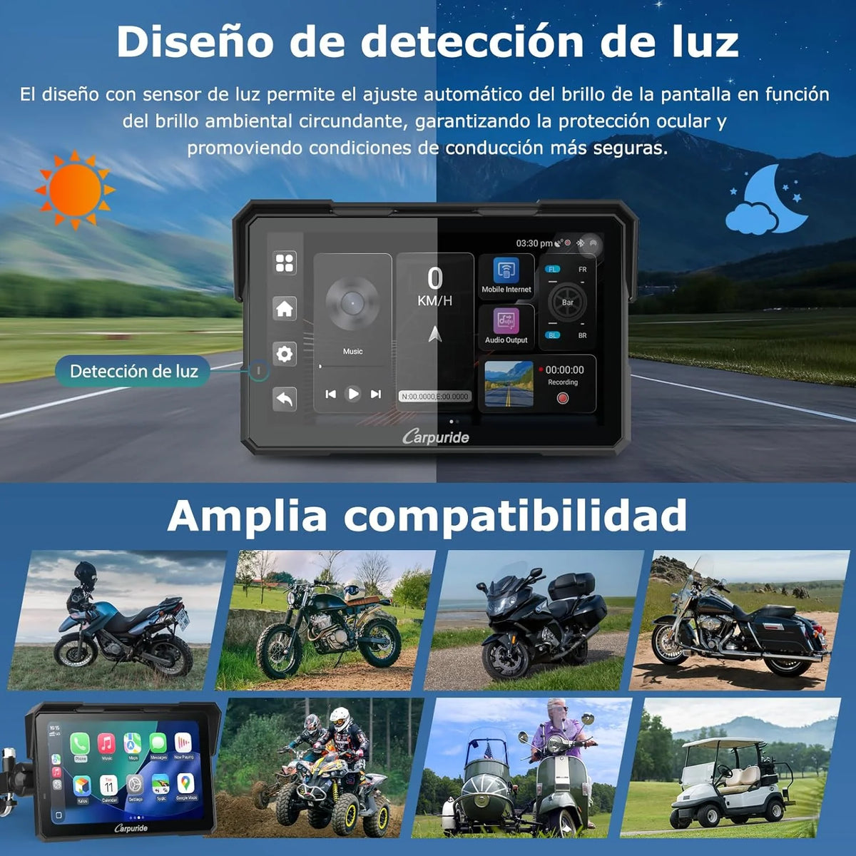 Caruride W702 Plus Android 14 Motocyklowy Wyświetlacz Carplay z Podwójną Kamerą, Bezprzewodowy CarPlay i Android Auto, 7-calowy Wodoodporny Ekran Dotykowy, Dźwięk BT, Nagrywanie w Pętli, Nawigacja Online i Offline.