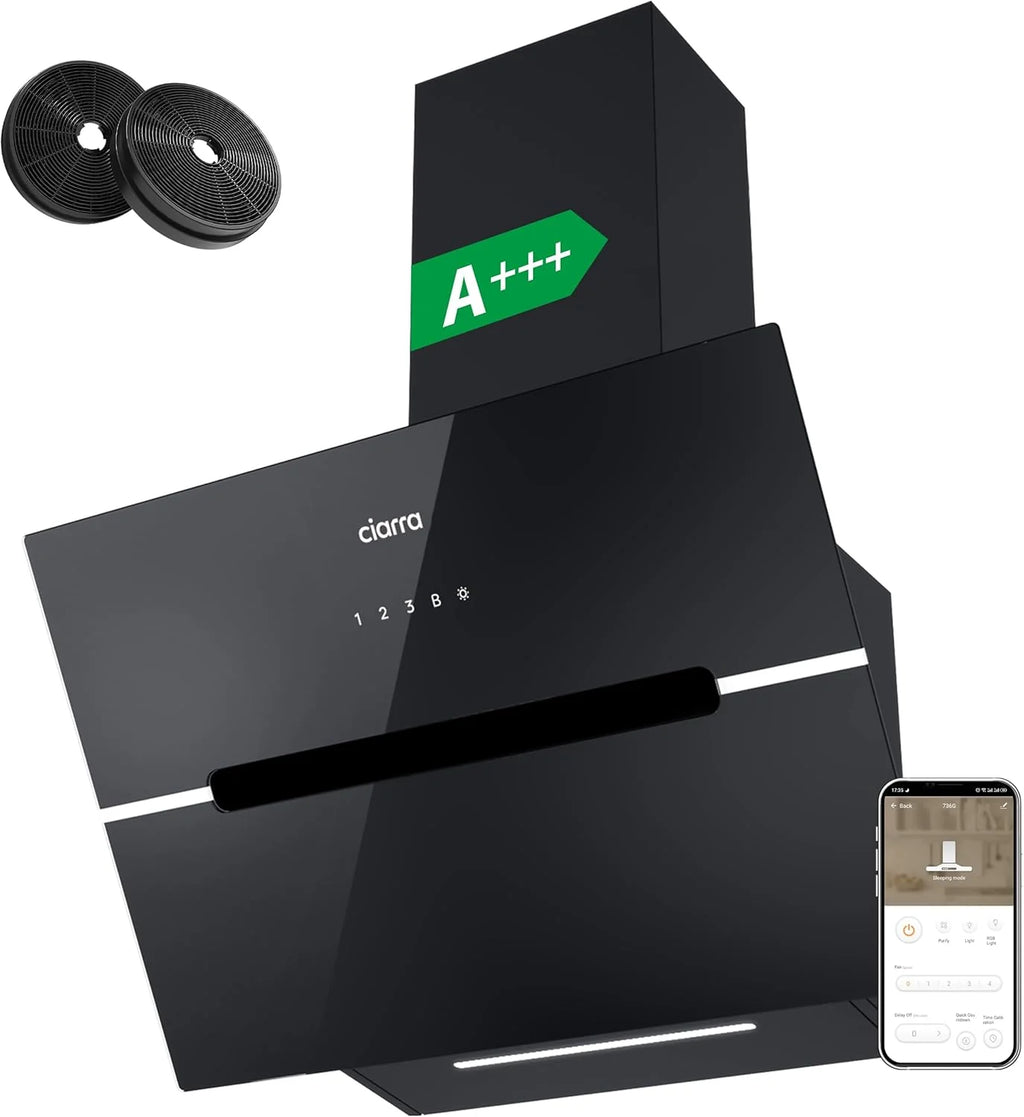 CIARRA CBCB6736F Okap kuchenny 60cm Klasa A+++ Wi-Fi App Touch-Booster Odprowadzanie zewnętrzne i Recyrkulacja wewnętrzna przez filtr węglowy CBCF003