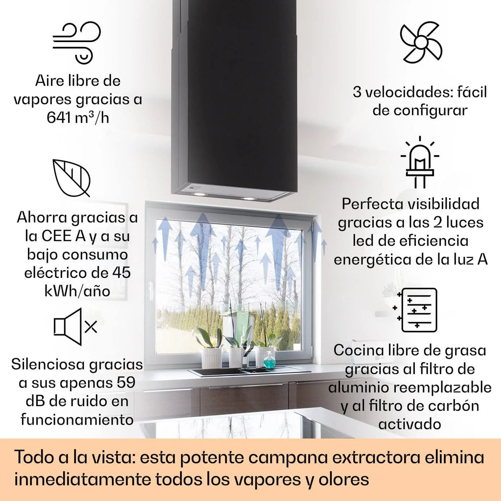 Klarstein Campana Isla Cocina, Okap Kuchenny Wyspowy, Okap Sufitowy Przepływ Powietrza 641m³/h, Zegar, Okap Wyspowy z Regulacją, 3 Tryby Odsysania Dymu i Filtry Węglowe