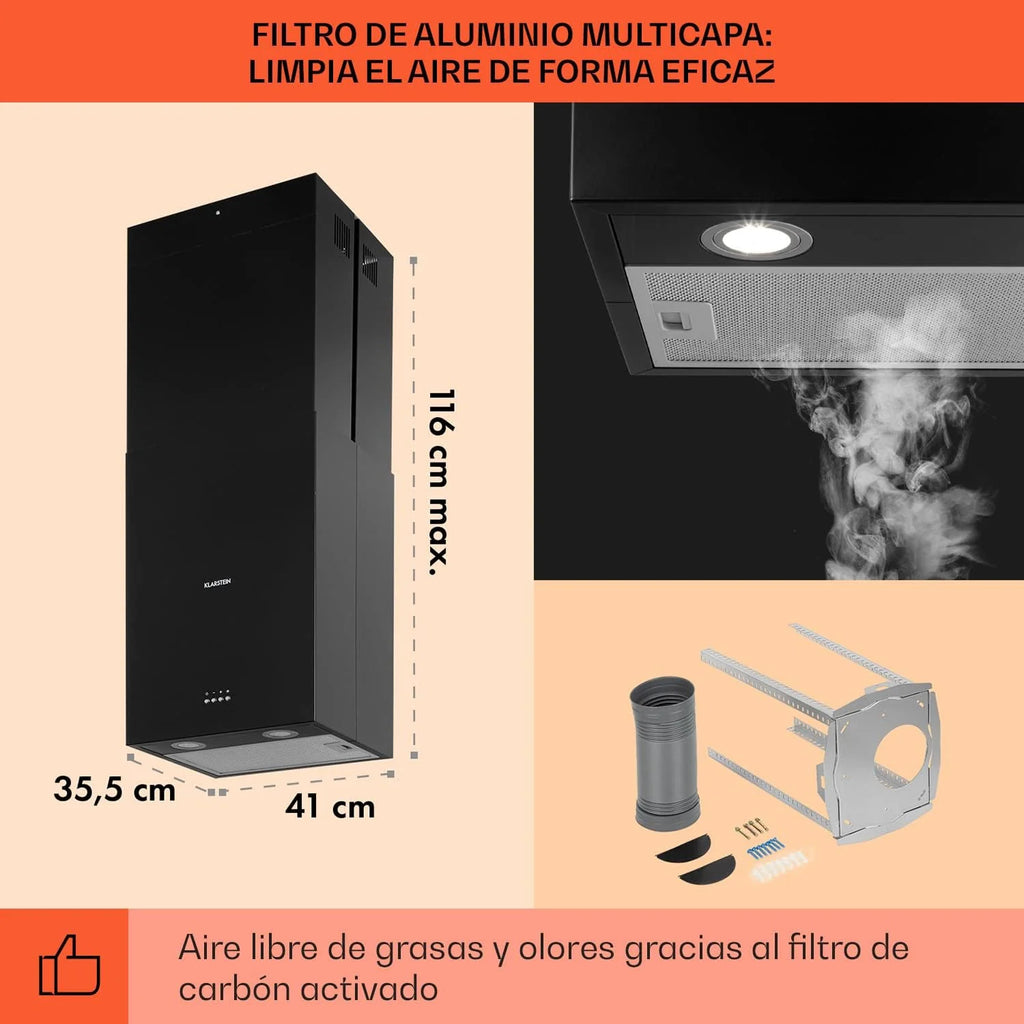 Klarstein Campana Isla Cocina, Okap Kuchenny Wyspowy, Okap Sufitowy Przepływ Powietrza 641m³/h, Zegar, Okap Wyspowy z Regulacją, 3 Tryby Odsysania Dymu i Filtry Węglowe