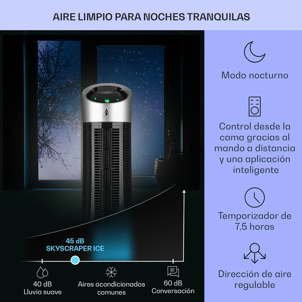 Klarstein Skyscraper Ice Smart Klimator Ewaporacyjny – 4 w 1: Wentylator, Chłodnica, Oczyszczacz i Nawilżacz Powietrza, 210 m³/h, Sterowanie Aplikacją i Alexa, Zbiornik 6L, Oscylacja, Jonizator, Czarny