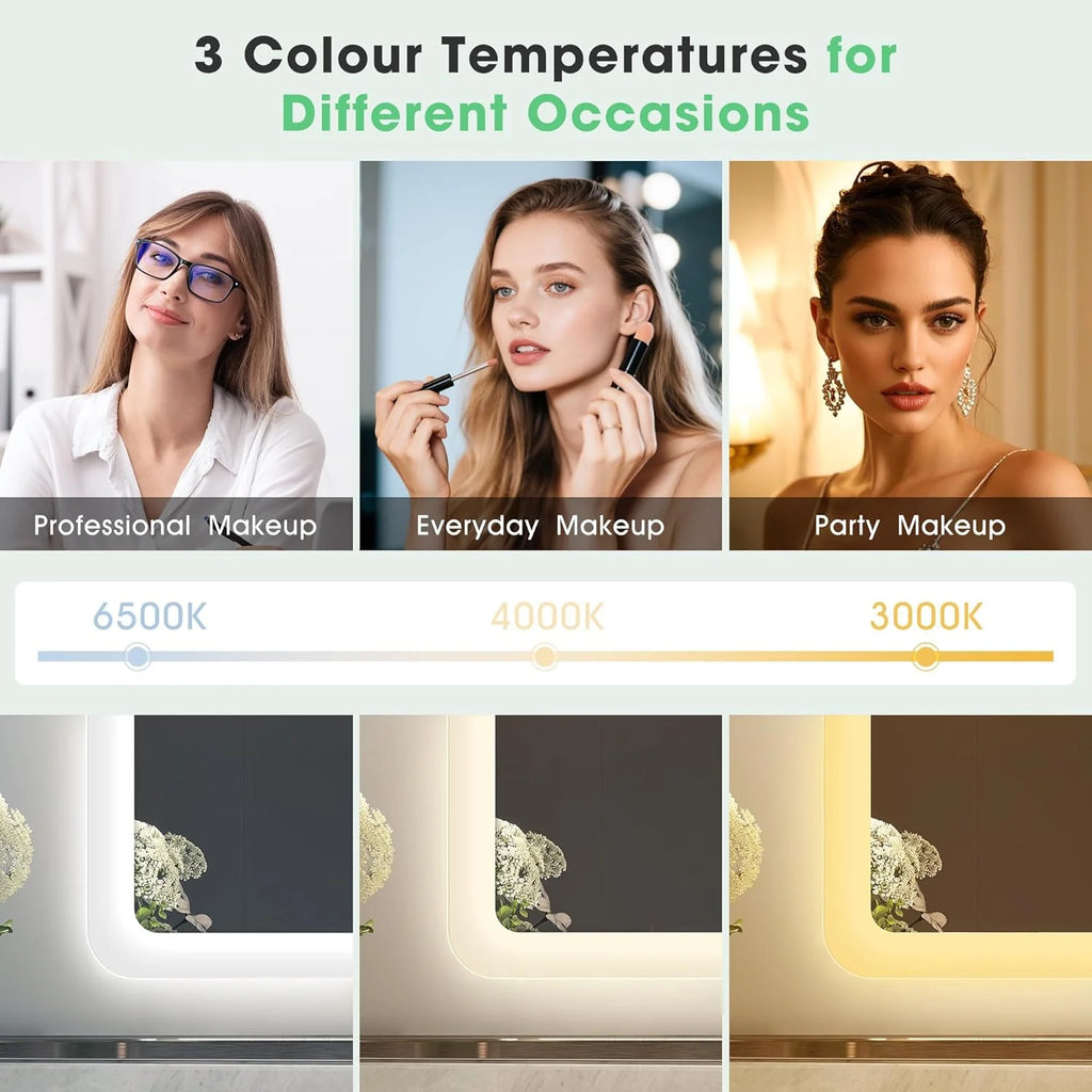 S'bagno Lustro łazienkowe z podświetleniem 100x70cm, Lustro łazienkowe LED Bluetooth, Antypara, 3 kolory, Możliwość ściemniania, Pamięć, Szkło hartowane HD, Wodoodporne IP44, Pionowo/Poziomo