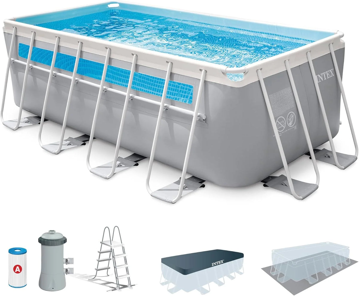 Intex Basen Rozporowy Prostokątny Prism Frame, 400x200x122 cm, Materiał Trójwarstwowy, Pojemność 8.418 L, Okno panoramiczne, Plandeka, Pokrywa, Pompa kartuszowa, Drabinka (56029)
