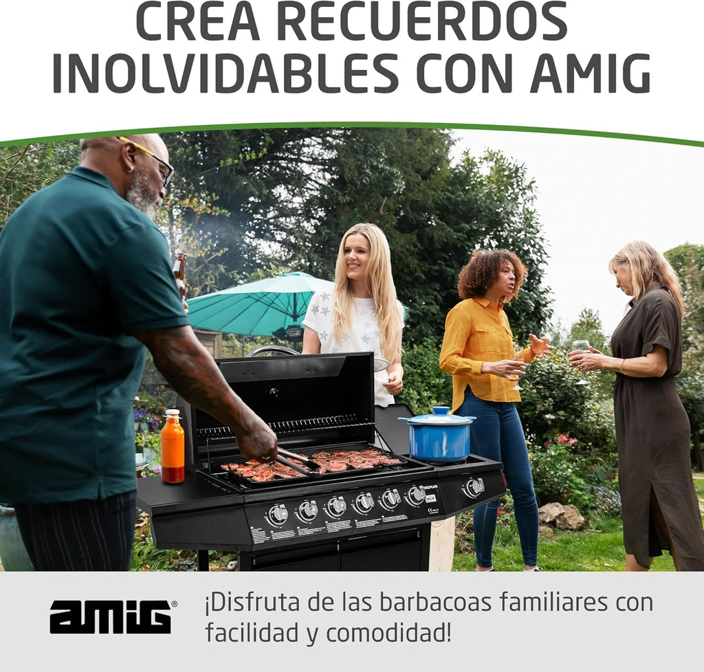 Amig - Grill gazowy Fireplus 6+1 o mocy 12,9 kW - Czarna stal nierdzewna - Ruszt na kółkach Model GRILL-6F - Grill XXL z wózkiem i termometrem - 138x52x103 cm - 7 palników i boczna półka