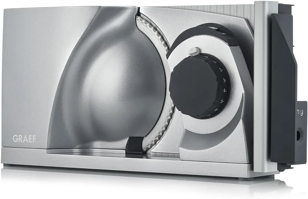 GRAEF MYtiny MT1000 — Składana krajalnica, 170 W, ostrze Ø170 mm, metalowa, grubość cięcia 0-15 mm, do chleba, kompaktowa, Made in Germany, srebrna