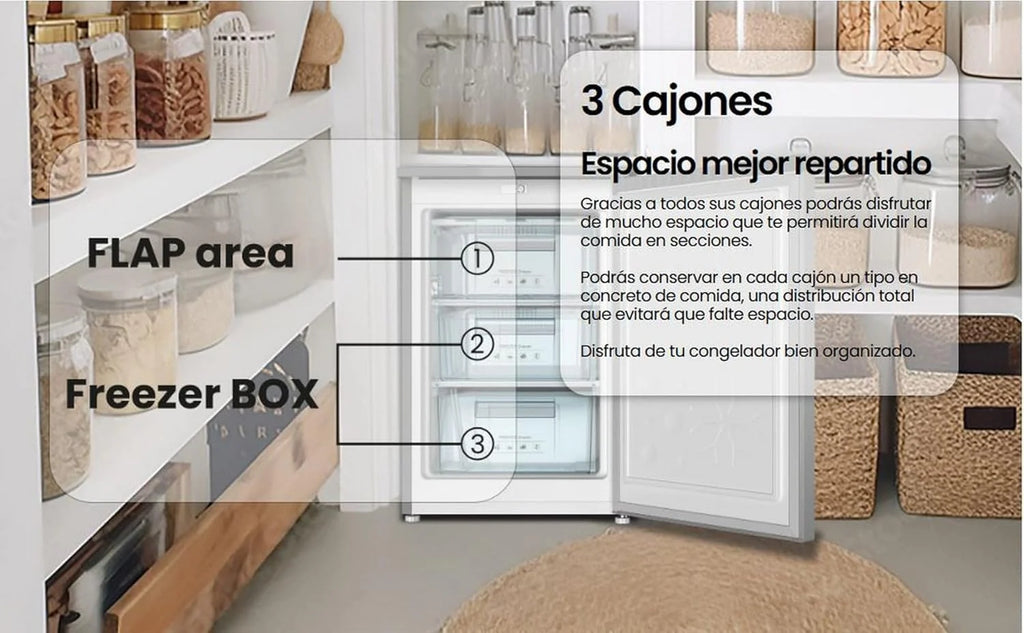 INFINITON CV-A85I - Zamrażarka pionowa, 80 litrów, 85 cm, 3 szuflady, kontrola temperatury, odwracalne drzwi, regulacja wysokości, E, Inox