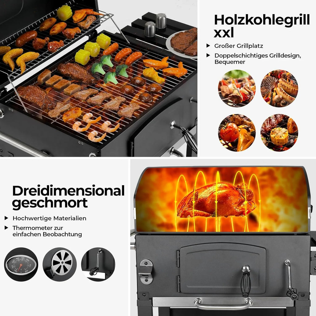 Grill Węglowy XXL, Grill Węglowy z Kominem i Pokrywą, Grill Wózkowy BBQ Smoker z Kółkami i Termometrem, Duży Grill Węglowy do Biwakowania i Ogrodu