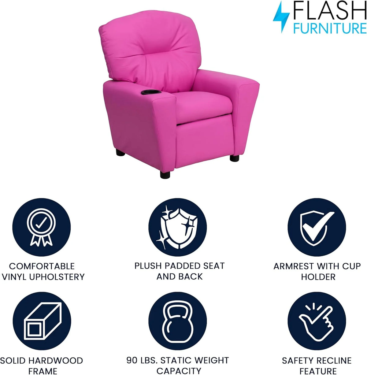 Flash Furniture Contemporary Kids Recliner with Cup Holder, Wood, Beige Vinyl, 26" x 21" x 21"