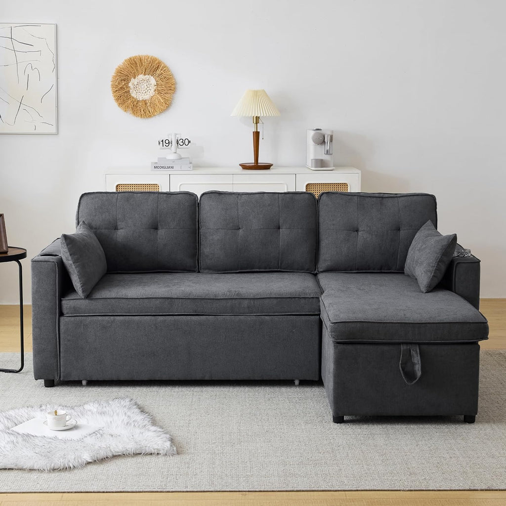Trzyosobowa rozkładana sofa z uchwytami na kubki i boczną torbą na poręcz, sofa w kształcie litery L, z możliwością zmiany układu na prawą i lewą stronę, kolor szary