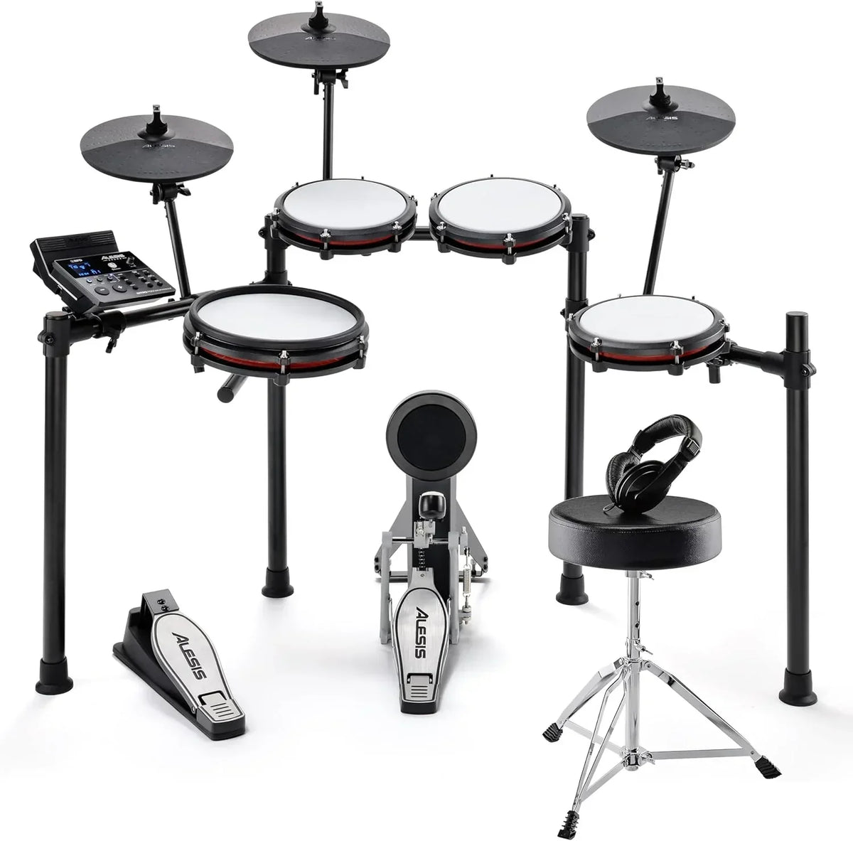 Alesis Nitro Max Kit - Kompaktowy elektroniczny zestaw perkusyjny z cichymi naciągami siatkowymi, dwustrefowym padem werbla 10", Bluetooth, +440 brzmień BFD, Drumeo, USB MIDI, pedałem stopy