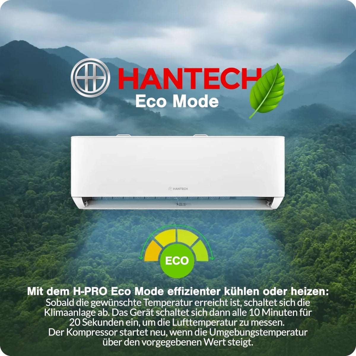 Klimatyzator ścienny HANTECH 12000 BTU H-PRO z funkcją grzania i chłodzenia, filtr powietrza, WIFI, materiały montażowe