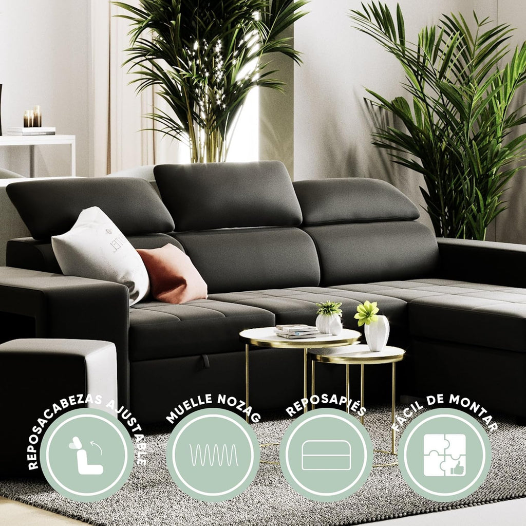 BUDWING John Narożna Sofa Rozkładana 4-osobowa - Odwracalny Szezlong, Regulowany Zagłówek i 2 Pufy – Tapicerka Poliuretanowa – Styl Nowoczesny – 263x161x96 cm – Czarna