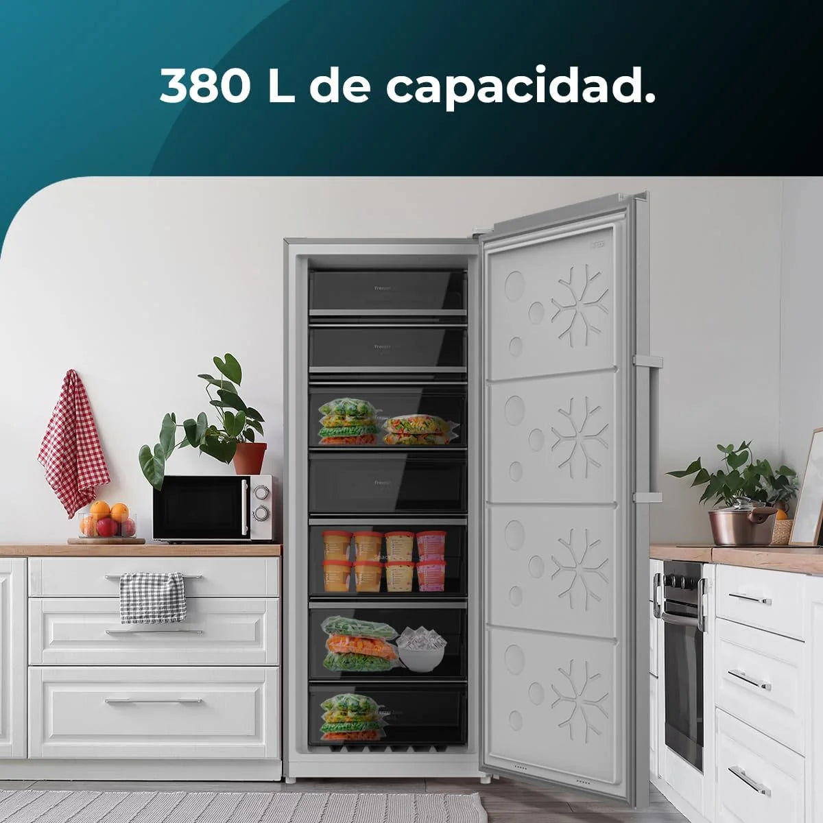 Cecotec Pionowa Zamrażarka Bolero CoolMarket UF 380 inox D. 380L, 1950W, Silnik Inverter Plus, Niskie Zużycie Energii, Total No Frost, Wyświetlacz w drzwiach, Możliwość Przekształcenia w Lodówkę, Multi Airflow