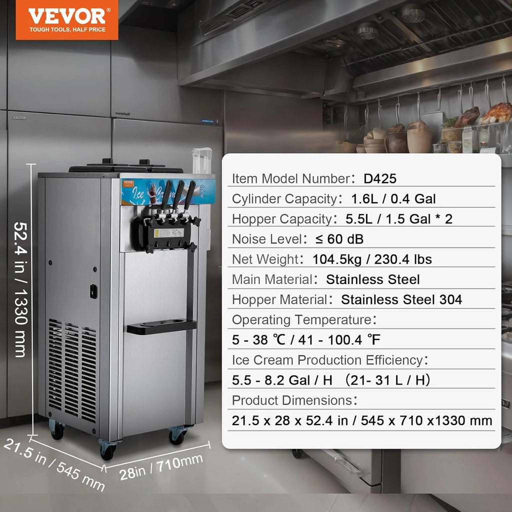 VEVOR Komercyjna Maszyna do Lodów 21-31 l/godz. 1500 W, 3 Smaki, 2 Zbiorniki 5,5 l, Wolnostojąca, Wstępne Chłodzenie, Automatyczne Czyszczenie, do Restauracji, Baru, Sklepu, Targowiska