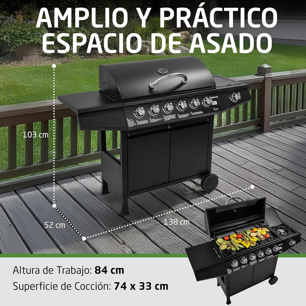 Grill gazowy Fireplus 6+1 12,9 kW – Stal nierdzewna Czarny – Grill na kółkach Model GRILL-6F – Grill XXL z wózkiem i termometrem – 138x52x103 cm – 7 palników i półka boczna