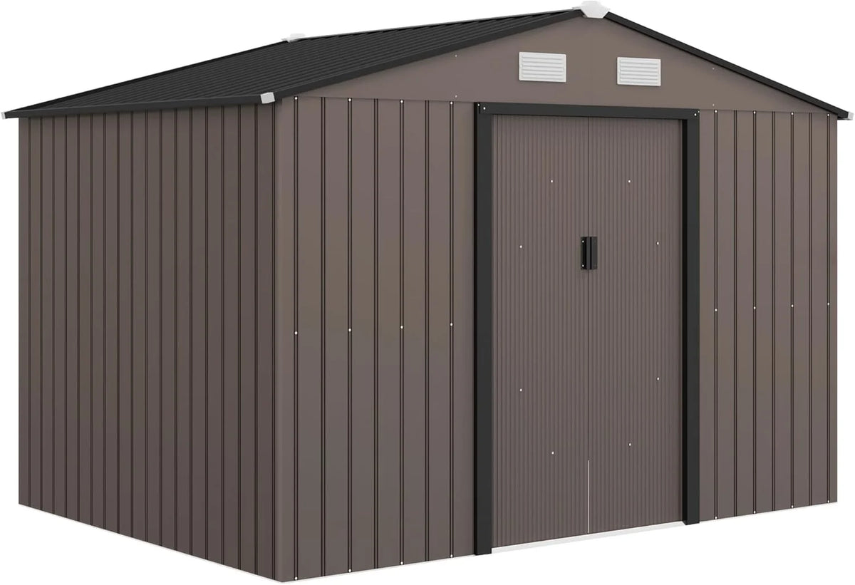 Outsunny Metalowy Domek Ogrodowy, 5 m², 277x195x192 cm, Metalowa Szopa Ogrodowa z 2 Przesuwnymi Drzwiami, Wzmocnioną Podstawą (Podłoga NIE Wchodzi w Skład Zestawu) i 4 Oknami, Brązowy