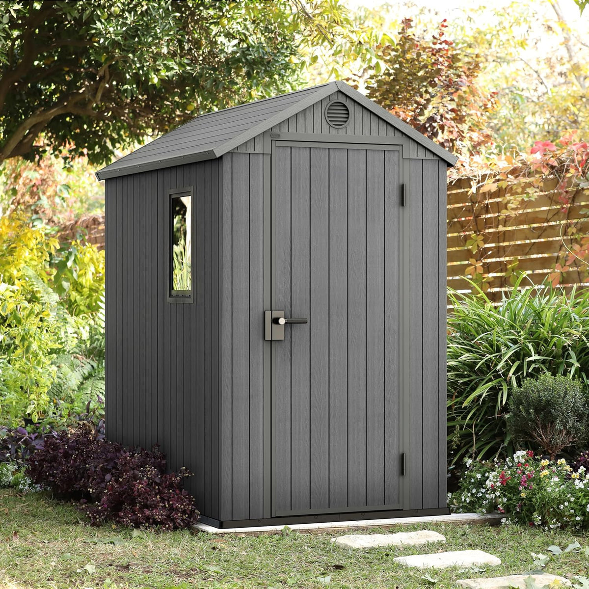 KETER Darwin 4x6 Domek narzędziowy, 125.8 x 184.5 x 205 cm i 2.2 m2, Podłoga, System wentylacji, Drzwi i okno, Wodoodporny, Kolor szary