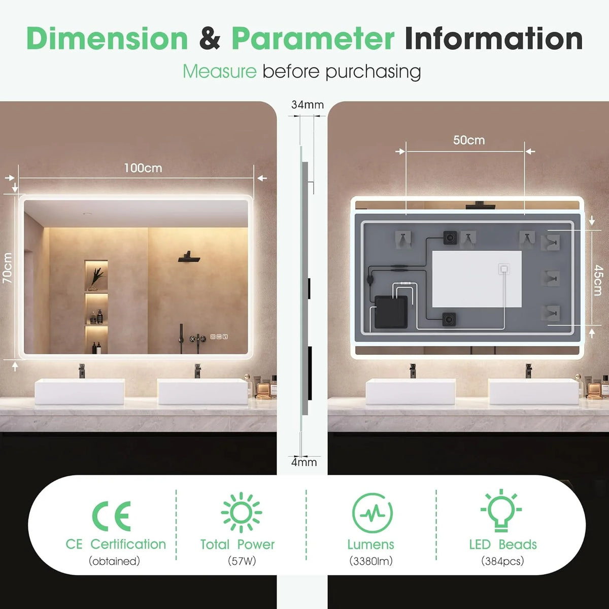S'bagno Lustro łazienkowe z podświetleniem 100x70cm, Lustro łazienkowe LED Bluetooth, Antypara, 3 kolory, Możliwość ściemniania, Pamięć, Szkło hartowane HD, Wodoodporne IP44, Pionowo/Poziomo