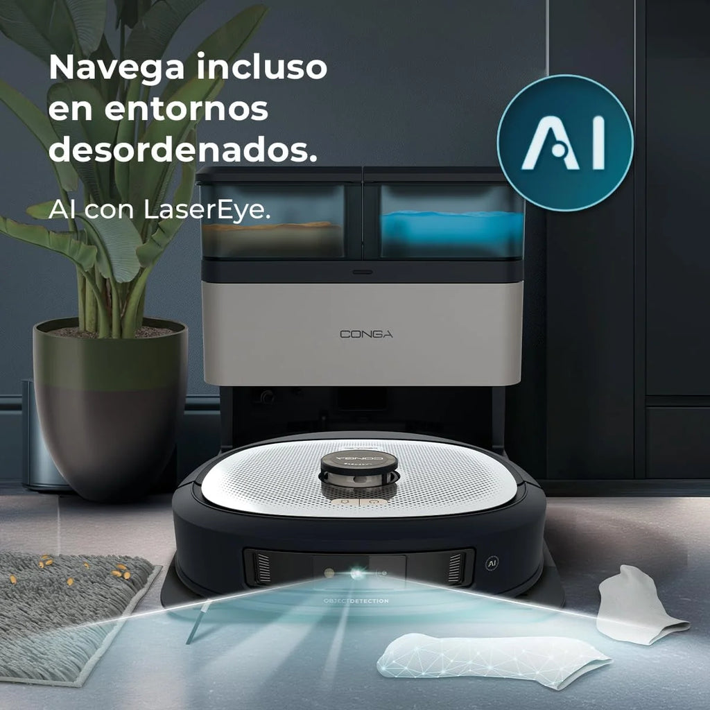 Robot odkurzający i mopujący Cecotec z AI, samoopróżniającą się stacją i technologią laserową Conga Z100. 20000 Pa, profesjonalne mopowanie z dwumateriałową ściereczką XXL, samoopróżnianie z kurzu, wody i czyszczenie ściereczek, aplikacja
