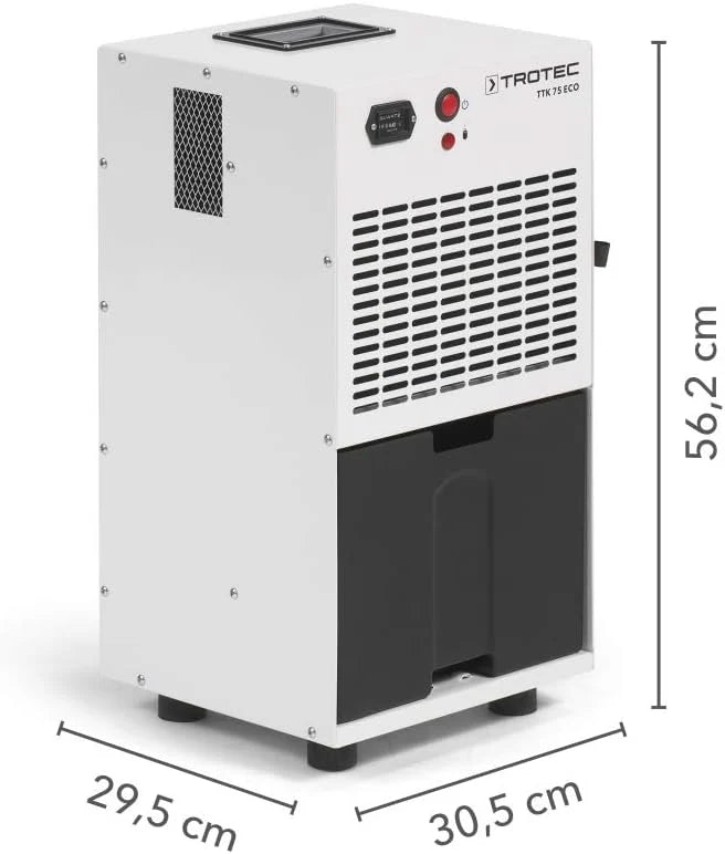 TROTEC Osuszacz powietrza przemysłowy TTK 75 ECO, osuszacz budowlany, osuszanie pomieszczeń o powierzchni do 90 m² i kubaturze 230 m³, wydajność osuszania 21 l/dobę, pojemność zbiornika 4 l, filtr powietrza