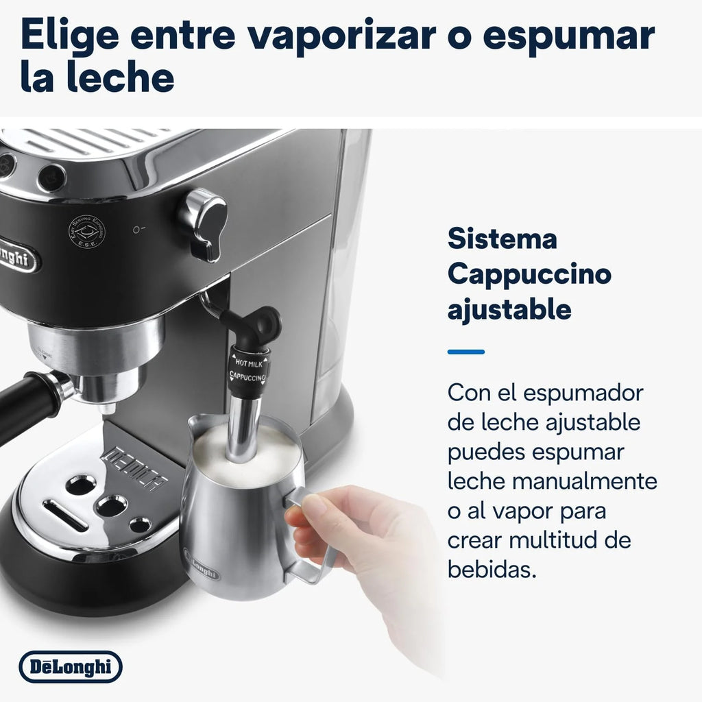 De'Longhi Dedica – Ekspres Kolbowy do Kawy Mielonej lub w Saszetkach, Espresso i Cappuccino, Zbiornik 1.3 Litra, System Anti-Drip, Model EC685.M, Kolor Metaliczny