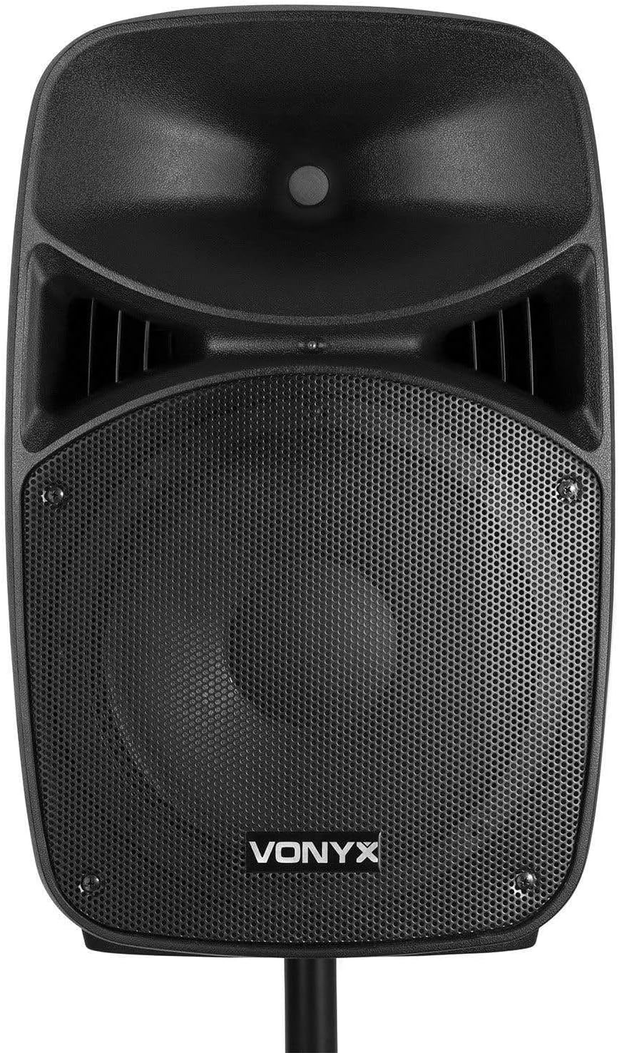 Vonyx VPS152A Aktywny zestaw głośnikowy (2 szt.) 1000 W, przenośny, aktywny/pasywny, Bluetooth, 15 cali, mikrofon przewodowy, pilot, statywy, odtwarzacz MP3 z USB/SD, diody LED